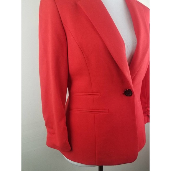 Nine West Jacket Women 2 Blazer Bright Orange Red Cotton Ruched‎ Sleeves - Picture 3 of 6